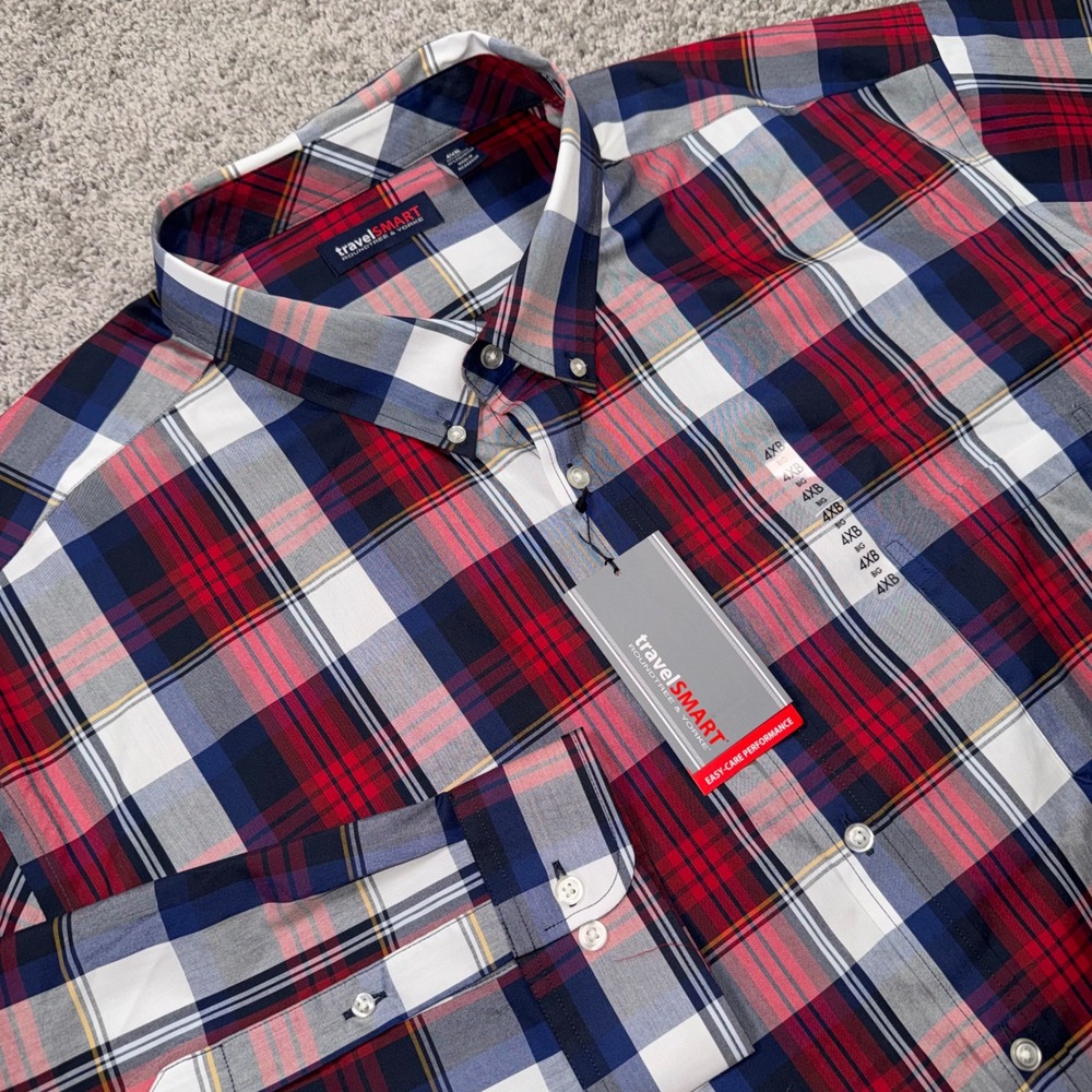 Roundtree & Yorke TravelSmart Shirt Mens 4XB Plaid Red Navy Blue Long Sleeve NEW